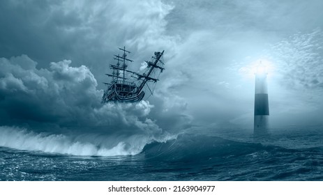 Flying old sailing ship at the stormy sea with lighthouse in the background and strong sea wave  - Shutterstock ID 2163904977