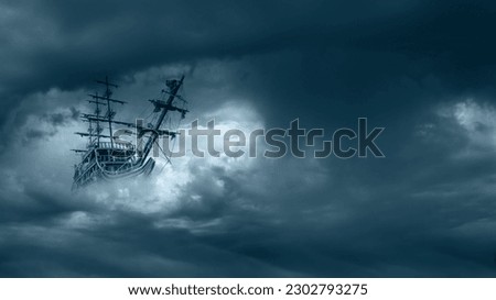 Flying old ship in the stormy clouds 