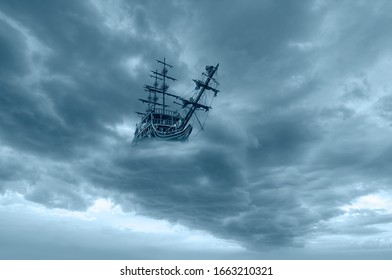 Flying Old Ship In The Stormy Dark Clouds