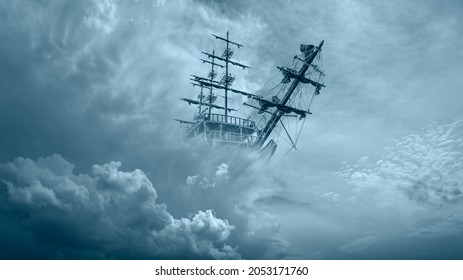 Flying Old Ship In The Stormy Dark Clouds