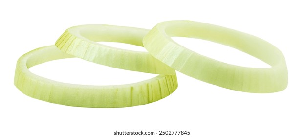 Flying Onion rings isolated on white background. Three Fresh onion rings close up,  full depth of field