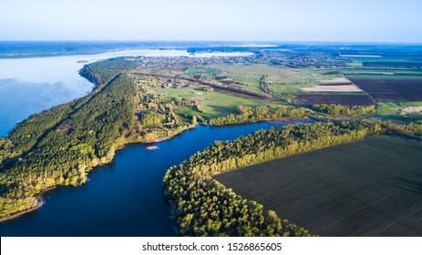 Flying over the beautiful spring river. Aerial camera shot. Ukraine. - Shutterstock ID 1526865605