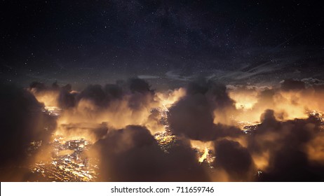 Flying Over The Deep Night Clouds With Dark Sky. Flight Through Moving Cloudscape Over Night City Lights. Perfect For Posters, Background, Digital Composition.