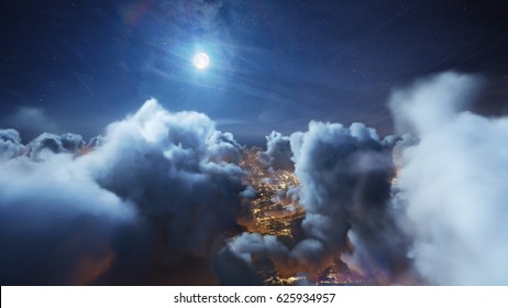 Flying Over The Deep Night Timelapse Clouds With Moon Light. Seamlessly Looped Animation. Flight Through Moving Cloudscape Over Night City Lights. Perfect For Cinema, Background, Digital Composition.