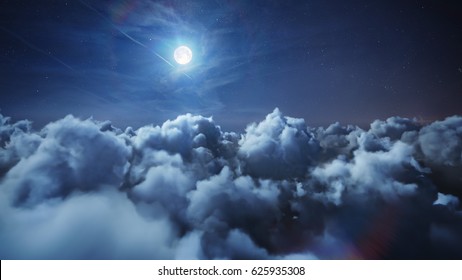 Flying over the deep night timelapse clouds with moon light. Seamlessly looped animation. Flight through moving cloudscape with beautiful moon. Perfect for cinema, background, digital composition. - Shutterstock ID 625935308