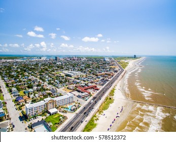 Flying Over Galveston Sea Wall And Beach 