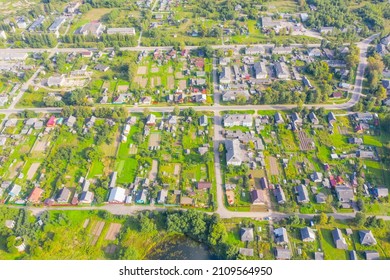 Flying Over Small Provincial Town, Aerial View