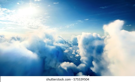 Flying over the timelapse clouds with the afternoon sun. Flight through moving cloudscape with beautiful lens flare. Traveling by air. Perfect for cinema, background - Powered by Shutterstock