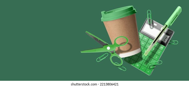 Flying paper coffee cup   set school supplies green background and space for text