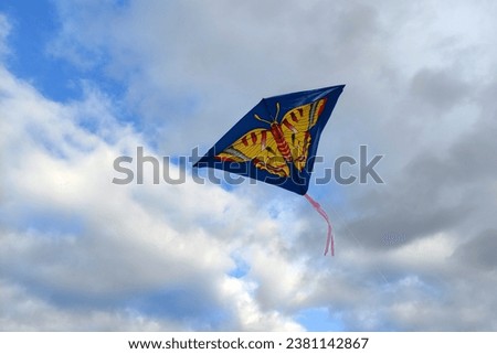 Flying paper dragon, in the background of heaven with clouds, dragon with picture of butterfly, flying color kite, autumn motif