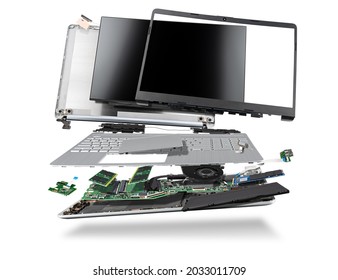 Flying Parts Of A Notebook Computer. Hardware Components Mainboard Cpu Processor Display RAM Cables And Cooling Fan Flying Out Of Silver Laptop PC Case Isolated On White Exploded View Background