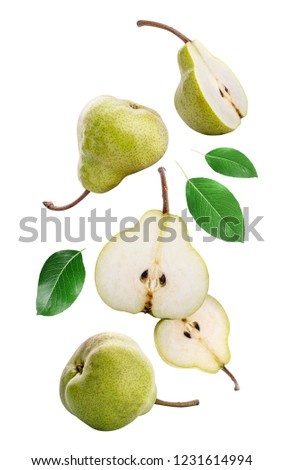 Flying pears isolated on white background