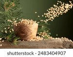 Flying peeled pine nuts on a dark green background. Nuts in a wooden bowl and cedar branch on a old wooden table. Copy space.