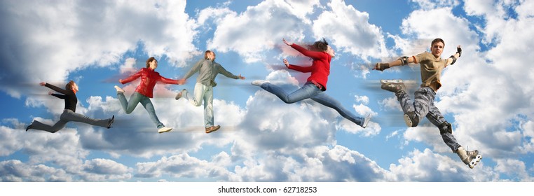 Flying People On Sky Cloud Panorama Collage