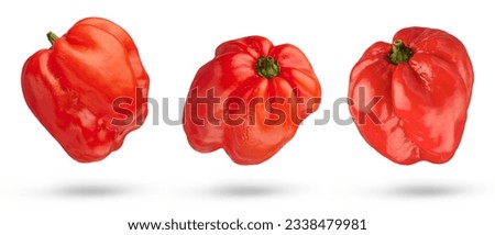 Flying peppers. Habanero peppers on a white isolated background. Peppers from different sides casts a shadow on a white background close-up. Pepper isolate. High quality photo. High quality photo