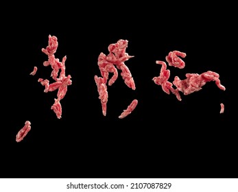 Flying pieces of fresh minced meat on black background