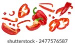 flying pieces of red sweet bell pepper isolated on white background. clipping path