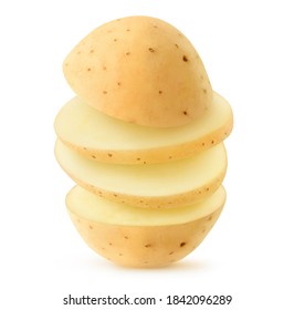 Flying pieces of washed raw potato on top of each other isolated on white background