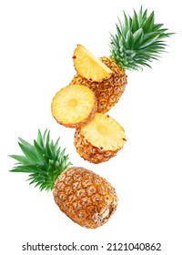 Flying Pineapple Clipping Path. Ripe whole pineapple and slice isolated on white background with clipping path. Pineapple fruit set macro studio photo