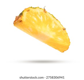 Flying pineapple slice isolated on white background.