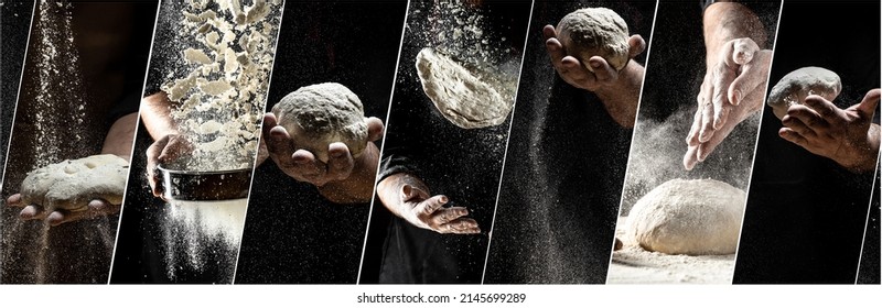 Flying Pizza Dough With Flour Scattering In A Freeze Motion Of A Cloud Of Flour Midair On Black. Cook Hands Kneading Dough. Long Banner Format, Copy Space,