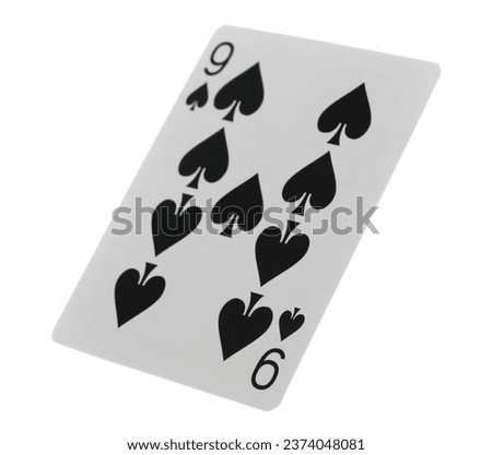 Flying playing card for poker and gambling, nine spade isolated on white, clipping path
