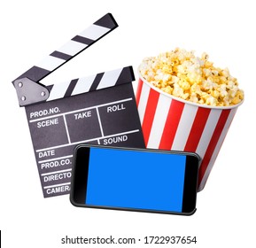 Flying Popcorn, Film Clapper Board And Phone Isolated On White Background, Concept Of Watching TV Or Cinema.