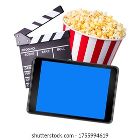 Flying Popcorn, Film Clapper Board And Phone Isolated On White Background, Concept Of Watching TV Or Cinema.