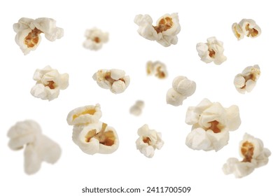 Flying popcorn on white background