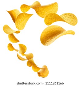 Flying potato chips, isolated on white background