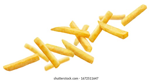 Patatas fritas voladoras, aisladas de fondo blanco
