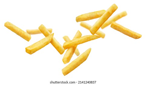Patatas fritas voladoras aisladas en fondo blanco