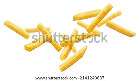 Flying potato fries, isolated on white background