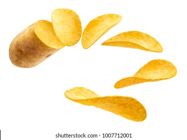 Flying Potato Slice Into Potato Chips Isolated On White Background