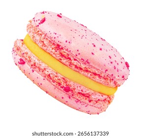 Flying raspberry macaroon isolated on white background. Falling sweet  French  macarons cake or macaroon cookie.
