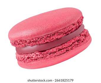 Flying raspberry macaroon isolated on white background. Falling sweet  French  macarons cake or macaroon cookie.