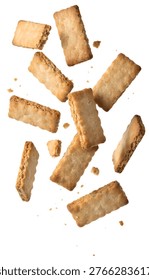 Flying rectangular biscuit cookies with smooth plain surface, isolated on white background in top view flat lay for snack branding