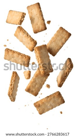 Flying rectangular biscuit cookies with smooth plain surface, isolated on white background in top view flat lay for snack branding