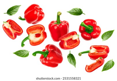 flying red sweet bell pepper with cut slices and green leaves isolated on white background. clipping path - Powered by Shutterstock