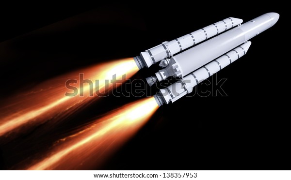 a flying\
rocket with fire trail in black\
back