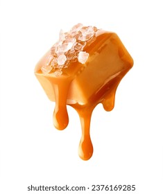 Flying salty caramel candy topped with salt crystals and pouring caramel sauce isolated on white background