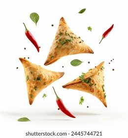 Flying samosa with herbs, isolated on white background. Ramadan iftar samosas floating on white background. Samosas flying in air with chilis and herbs and spices.  - Powered by Shutterstock