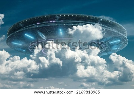 flying saucer in the sky, ufo. mixed media.