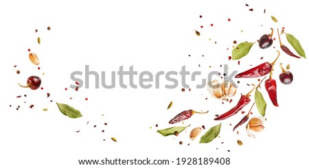 Flying set of colorful spices peppers, chili, garlic, laurel leaf, herbs in the air isolated on white background. Food and cuisine ingredients wide banner, top view, with copy space. 