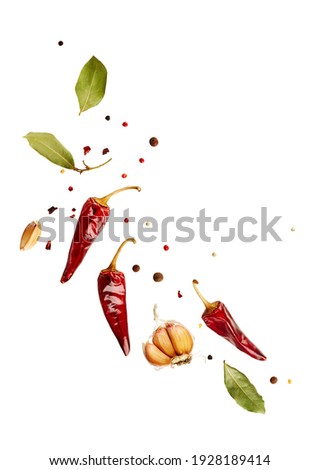 Flying set of colorful spices peppers, chili, garlic, laurel leaf, herbs in the air isolated on white background. Food and cuisine ingredients top view, with copy space. 