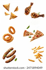 Flying set of many delicious fast foods set collection isolated on white background. grilled chicken, onion rings, pizza slices, sausages, French fries, samosa. Fast foods floating in air isolated.