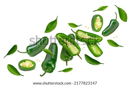 flying sliced jalapeno peppers isolated on white background. Green chili pepper. Capsicum annuum. clipping path