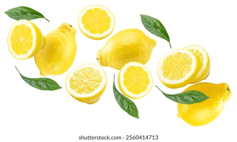 flying sliced lemon with green leaves isolated on white background. clipping path