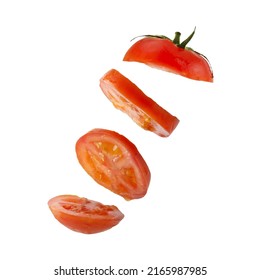 Flying, sliced red fresh tomato on a white background. Levitation of tomato slices. Isolated. - Shutterstock ID 2165987985