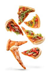 Flying Slices Of Tasty Pizzas On White Background